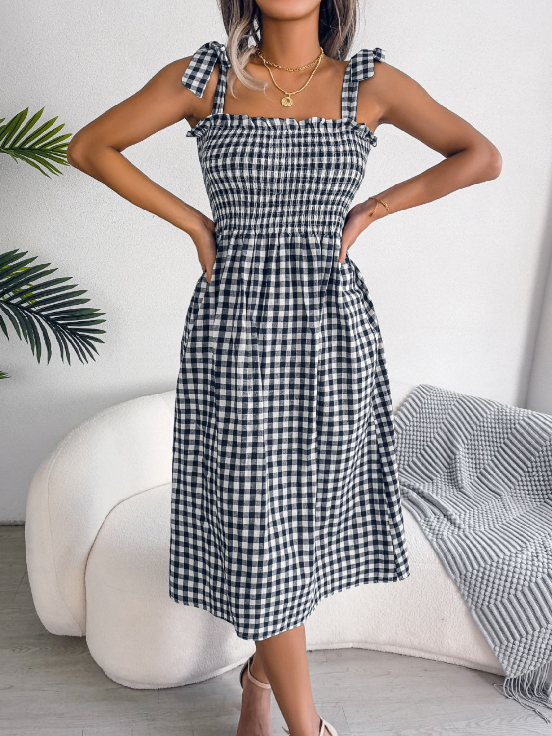 Frill Plaid Square Neck Midi Dress.