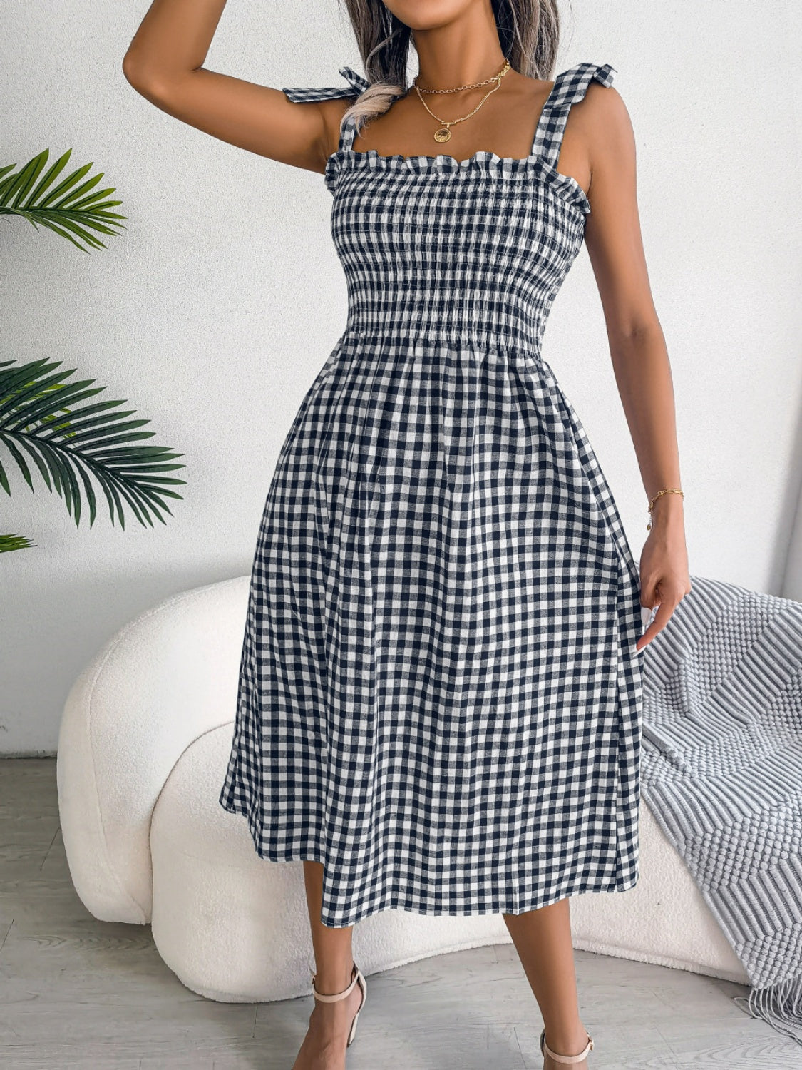 Frill Plaid Square Neck Midi Dress.