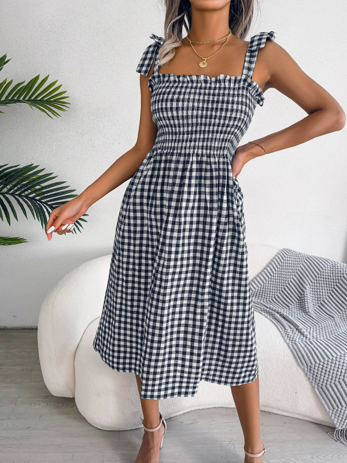 Frill Plaid Square Neck Midi Dress.