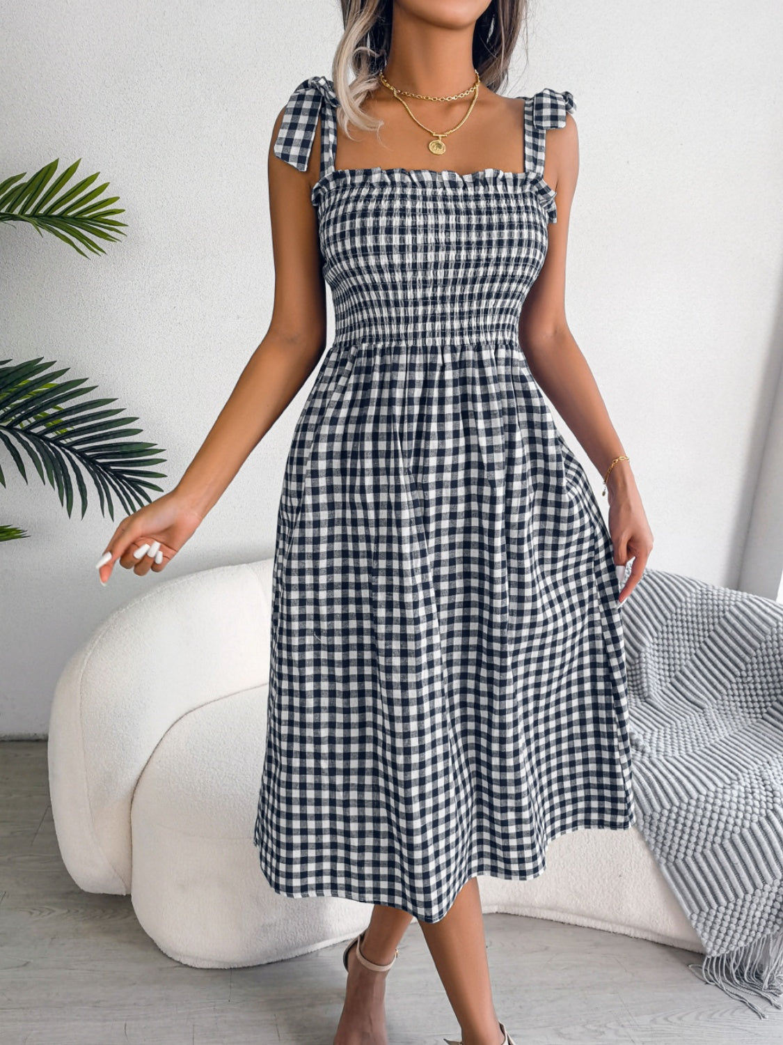 Frill Plaid Square Neck Midi Dress.