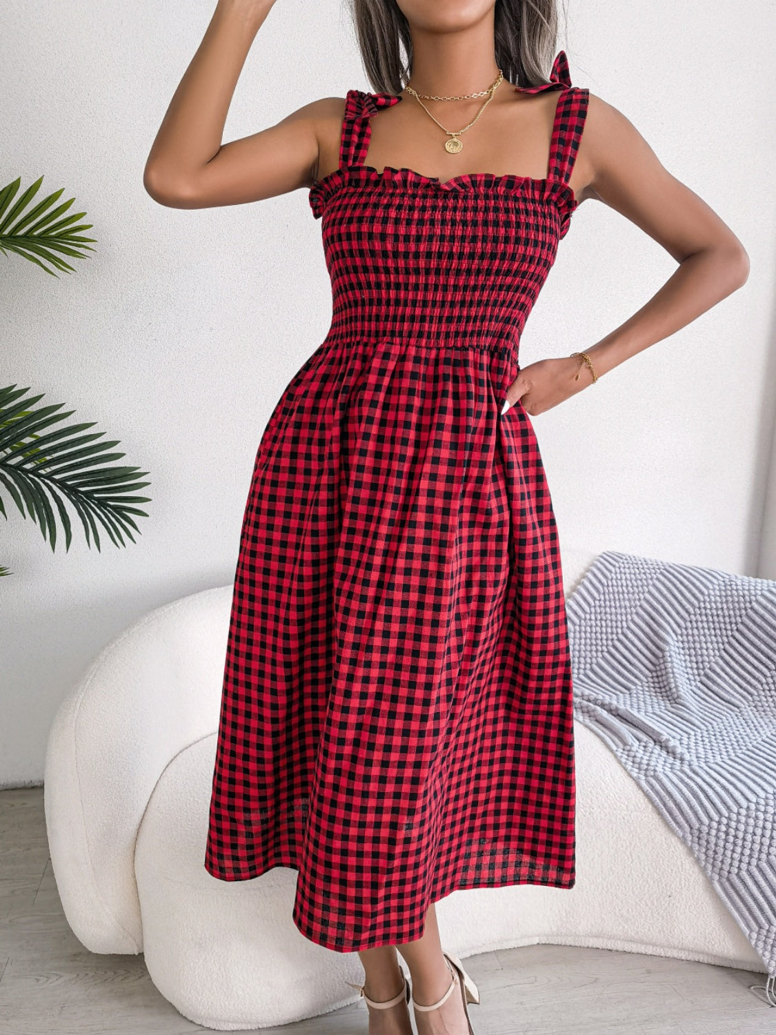 Frill Plaid Square Neck Midi Dress.