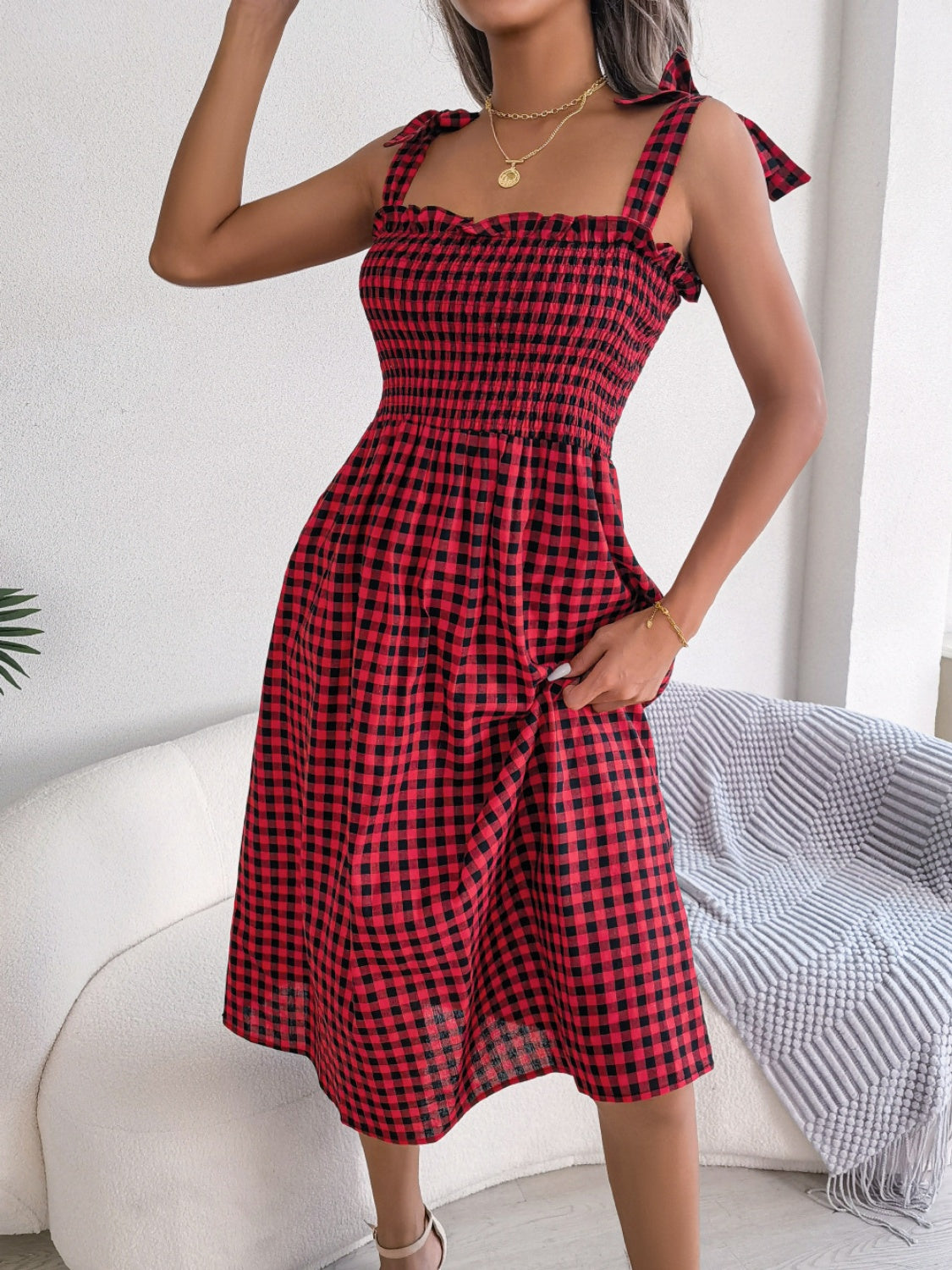 Frill Plaid Square Neck Midi Dress.