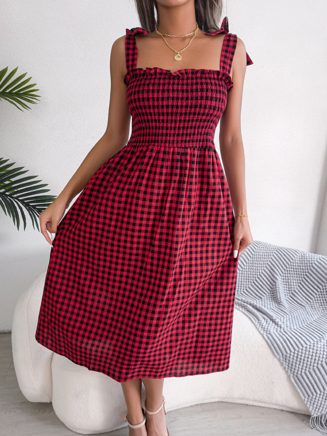Frill Plaid Square Neck Midi Dress.