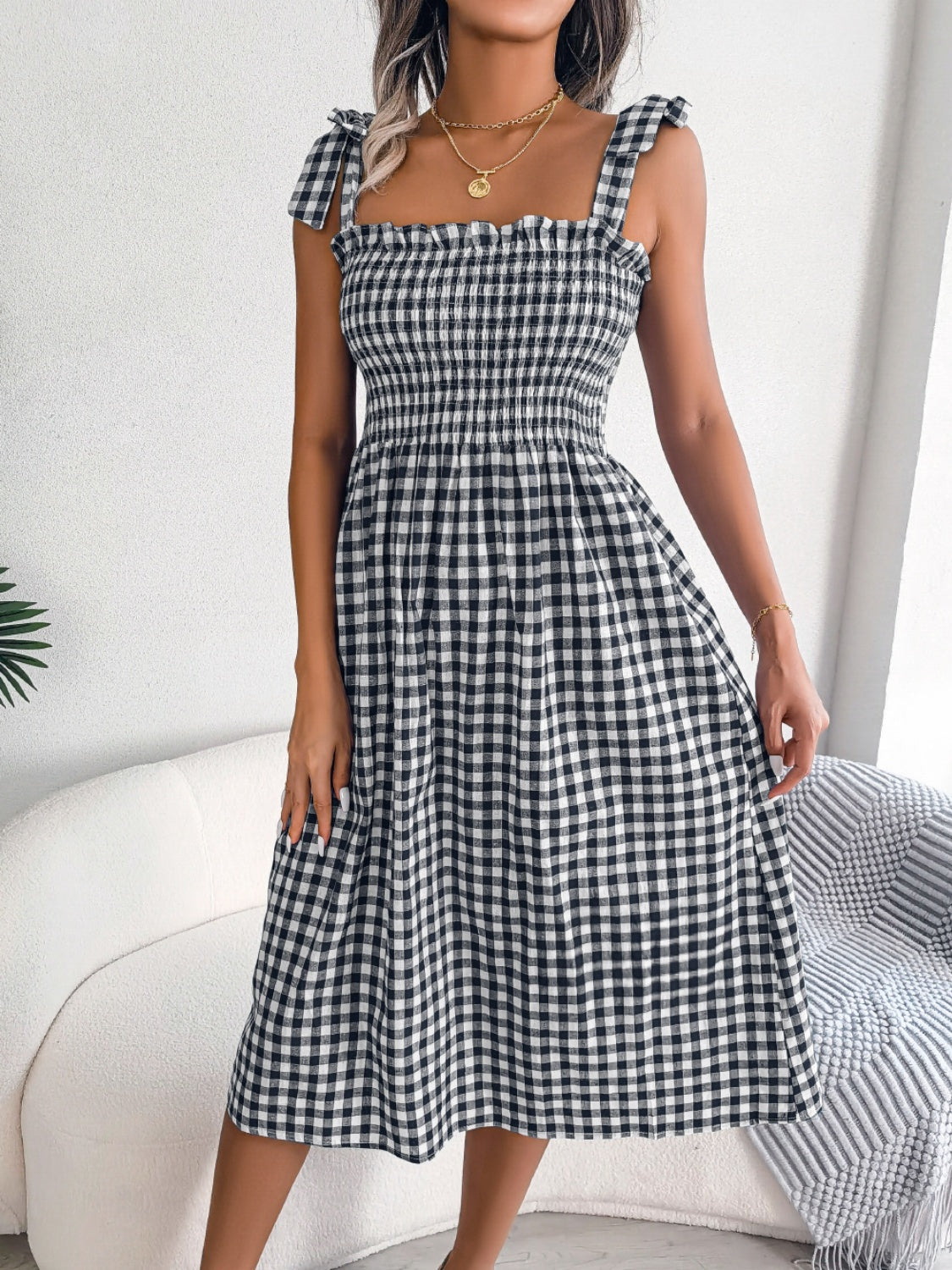 Frill Plaid Square Neck Midi Dress.