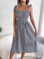 Frill Plaid Square Neck Midi Dress.