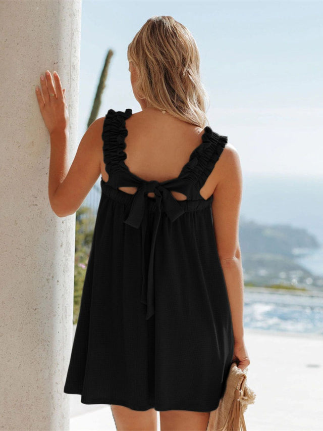 Plus Size Frill Pocketed Square Neck Wide Strap Dress.