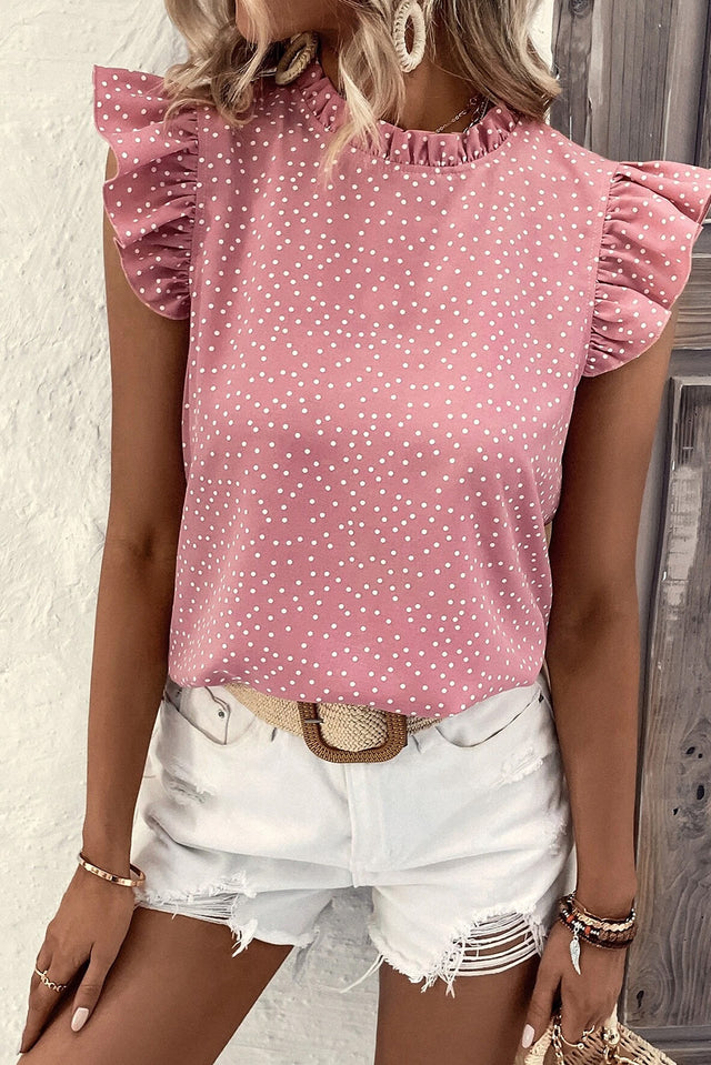 Frill polka dot cap sleeve blouse.