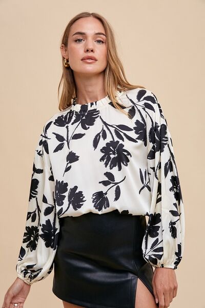Annie Wear frill printed balloon sleeve blouse.