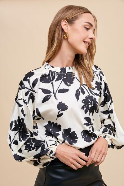 Annie Wear frill printed balloon sleeve blouse.