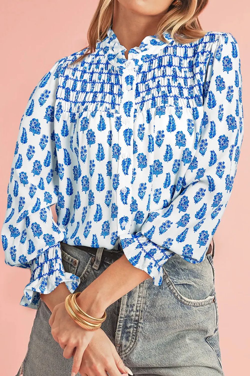 Frill printed button-up long sleeve shirt.