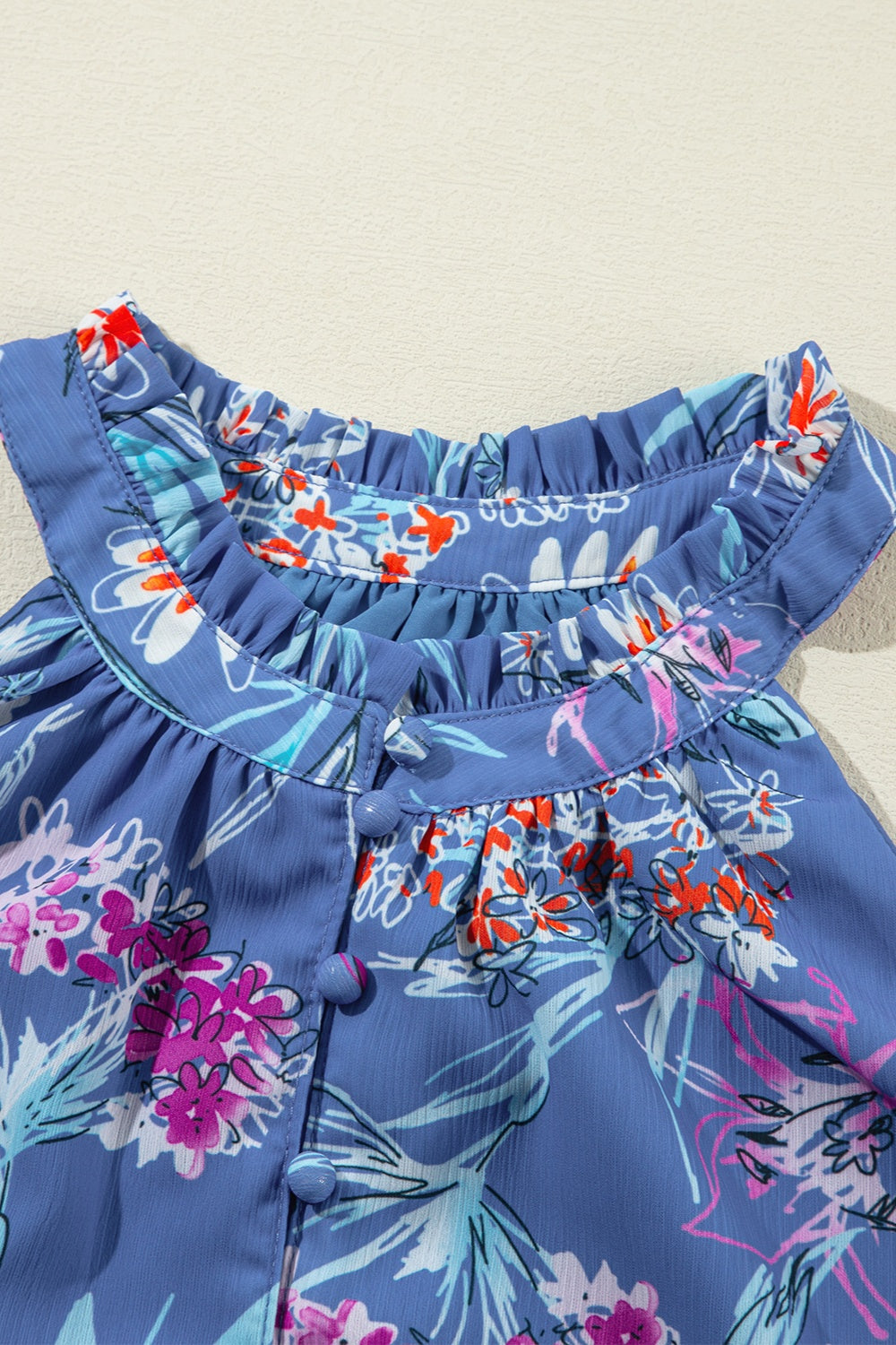 Frill printed Grecian tank with button details, opaque.