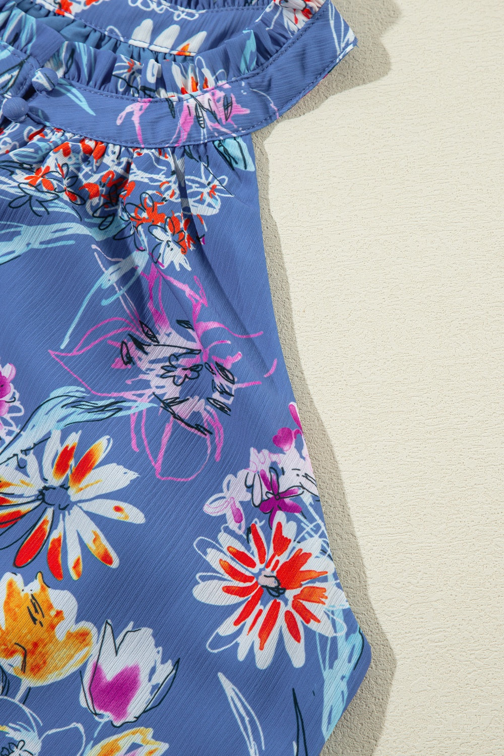 Frill printed Grecian tank with button details, opaque.