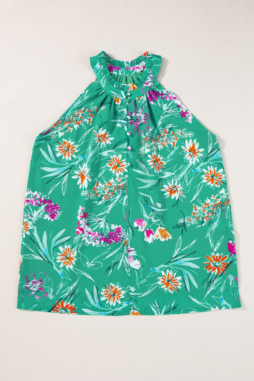 Frill printed Grecian tank with button details, opaque.