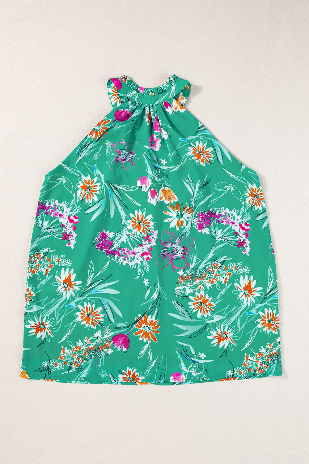 Frill printed Grecian tank with button details, opaque.