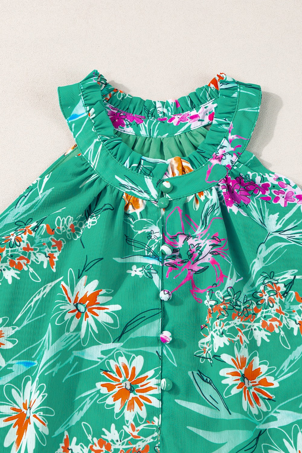 Frill printed Grecian tank with button details, opaque.