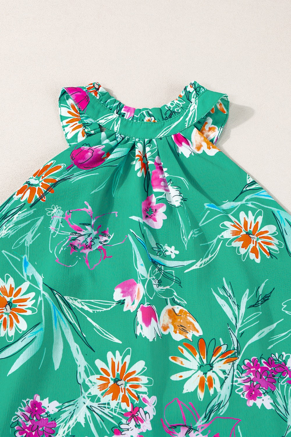 Frill printed Grecian tank with button details, opaque.