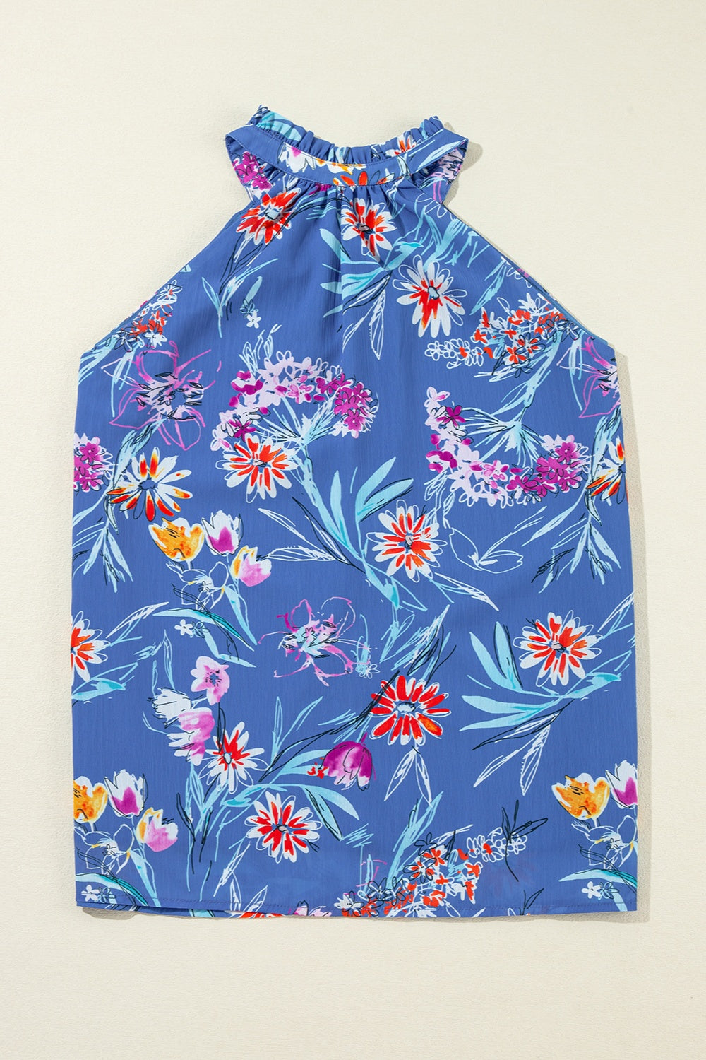 Frill printed Grecian tank with button details, opaque.