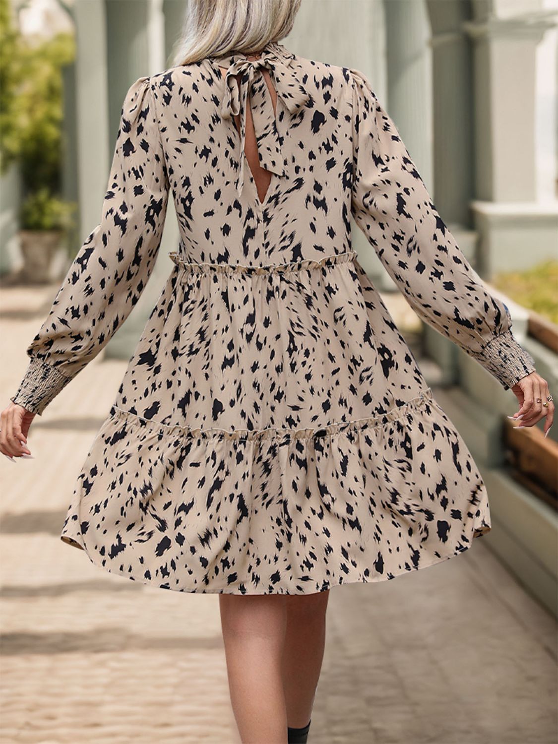Perfee Frill Printed Mock Neck Long Sleeve Mini Dress.