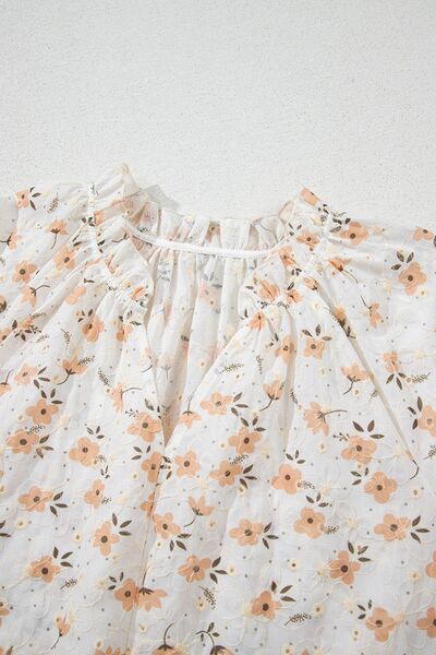 Frill printed notched short sleeve blouse.