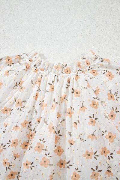 Frill printed notched short sleeve blouse.