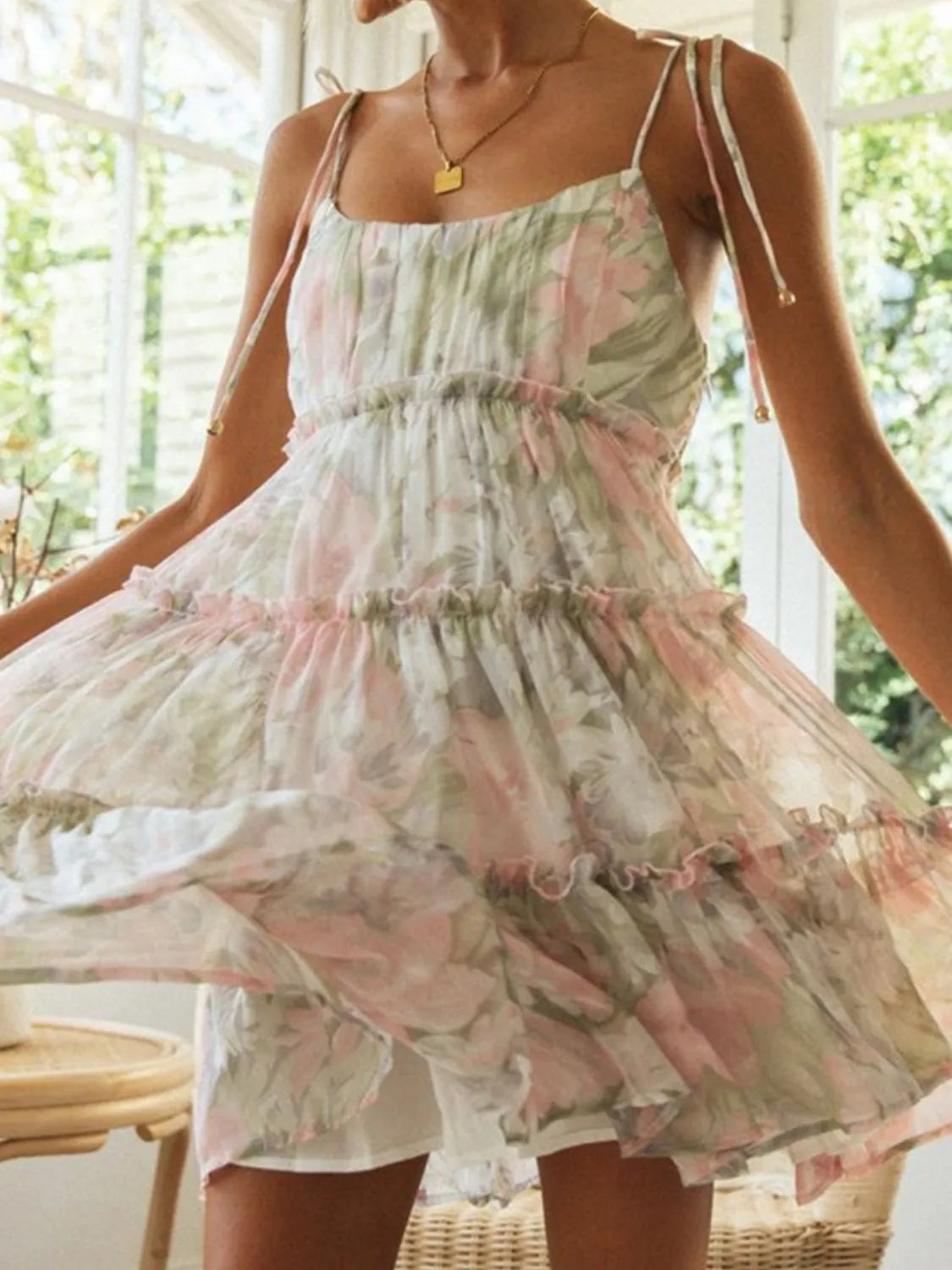Frill Printed Square Neck Mini Cami Dress.