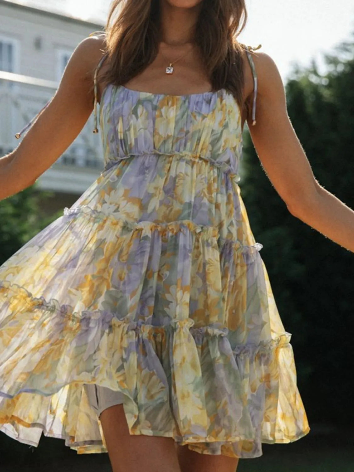 Frill Printed Square Neck Mini Cami Dress.
