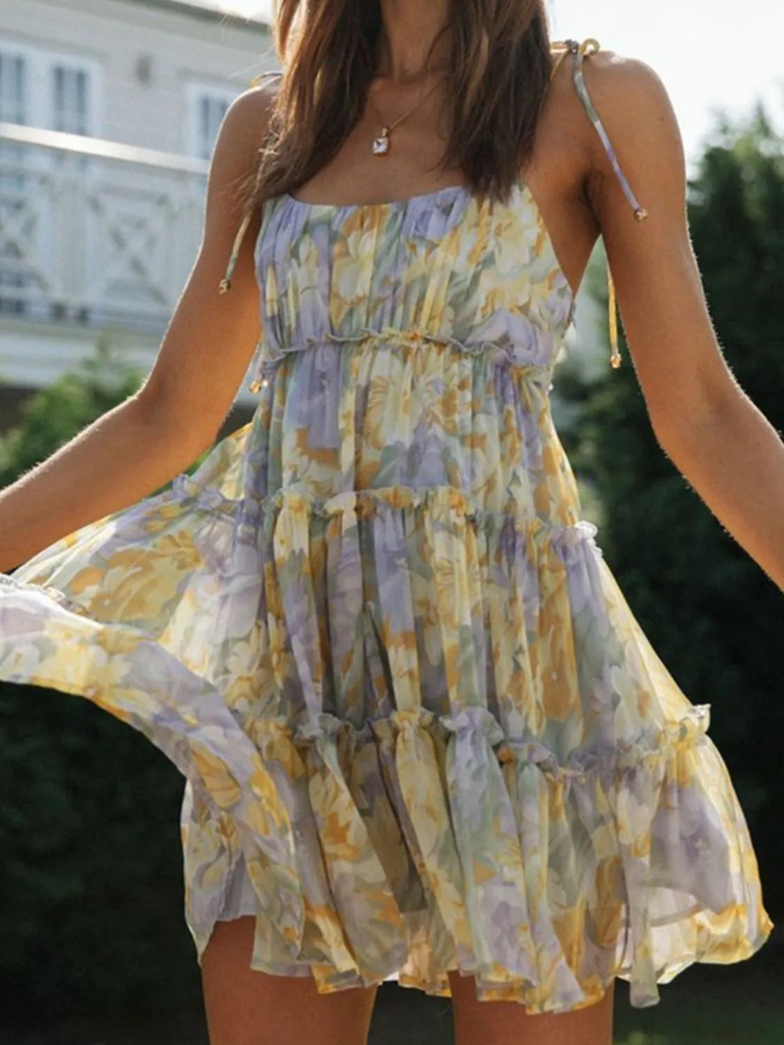 Frill Printed Square Neck Mini Cami Dress.
