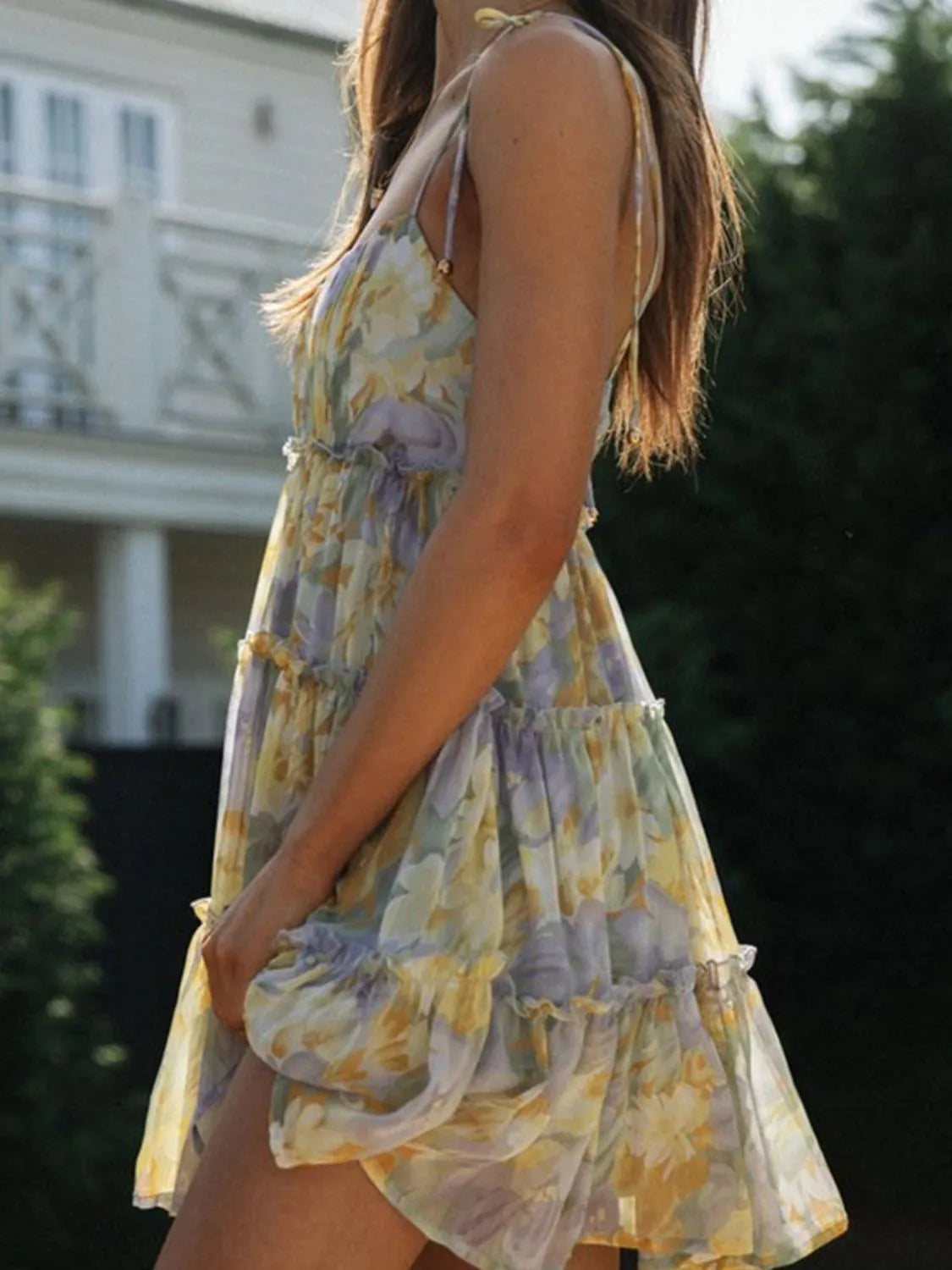 Frill Printed Square Neck Mini Cami Dress.