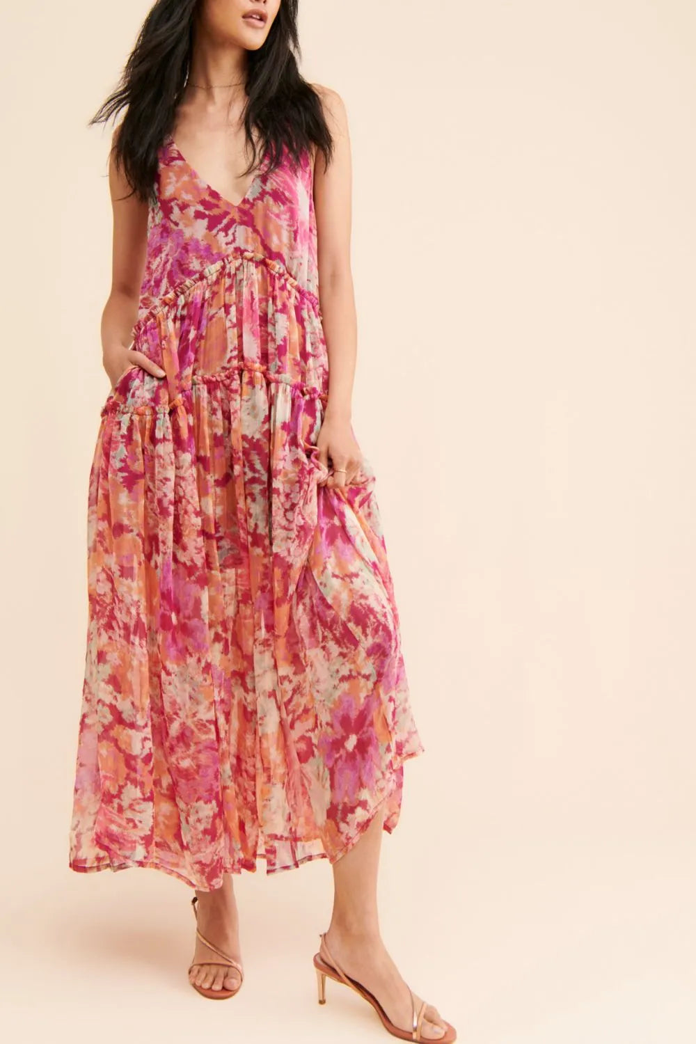 Frill Printed V-Neck Midi Dress.