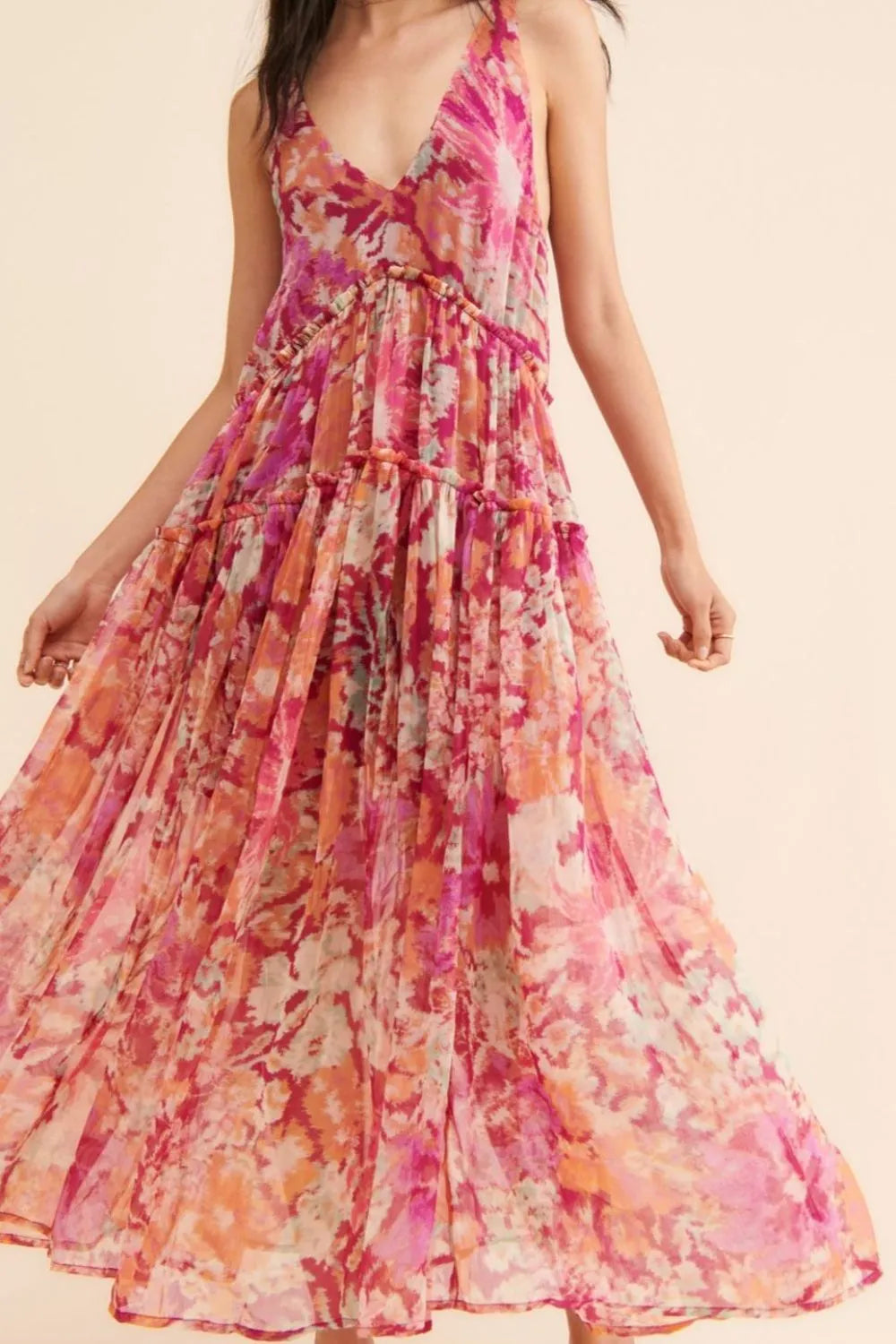 Frill Printed V-Neck Midi Dress.