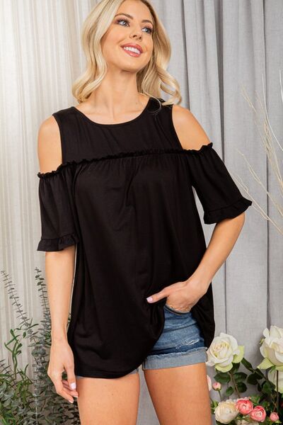 Frill Round Neck Cold Shoulder T-Shirt Plus Size