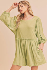 Plus Size Ruched Tie Neck Balloon Sleeve Romper with Buttons.