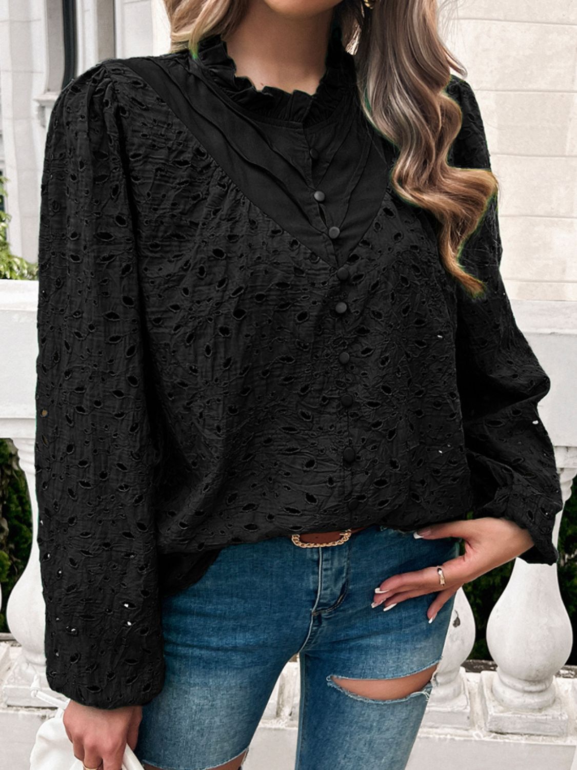 Devine frill round neck long sleeve shirt.