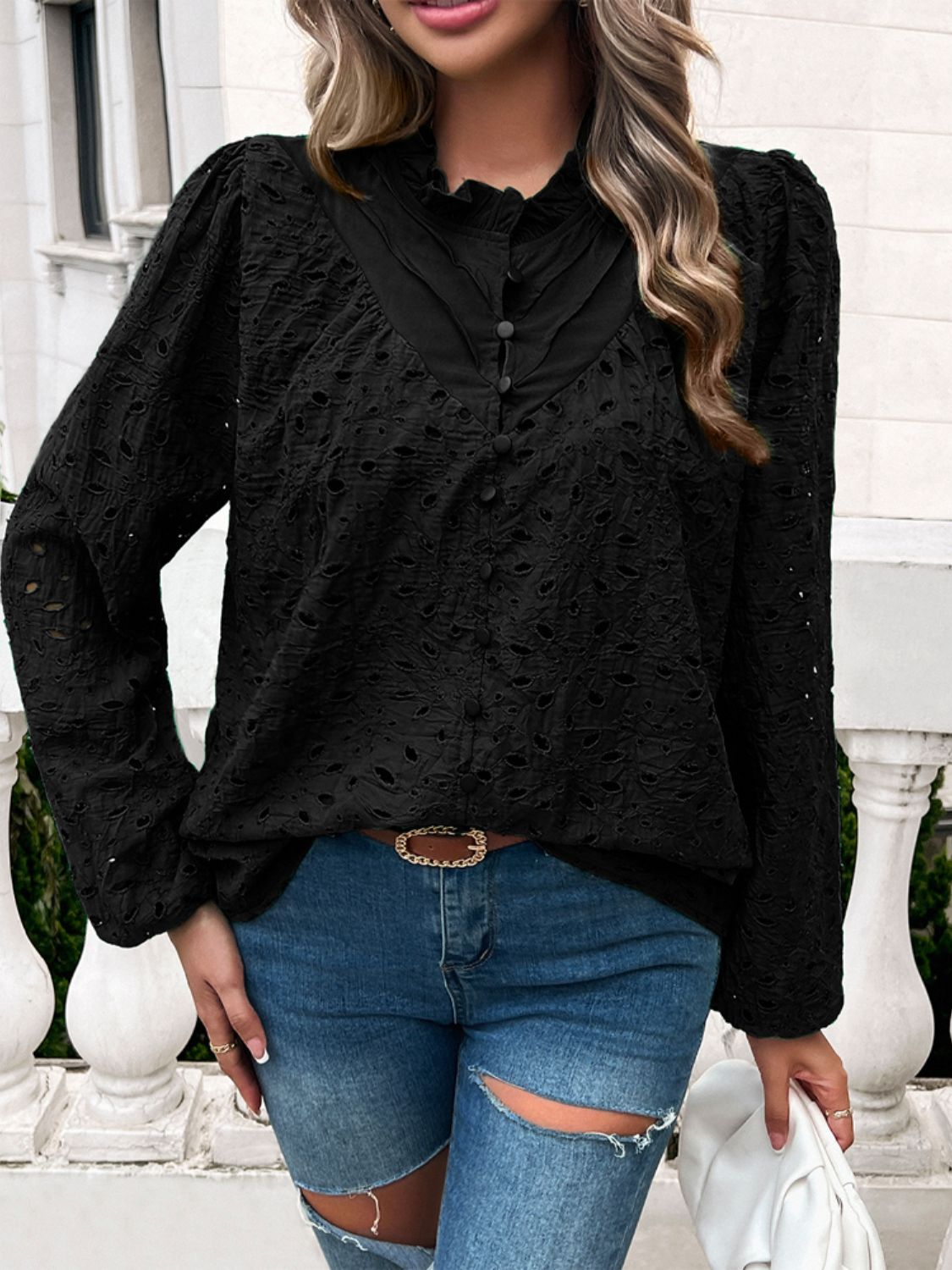 Devine frill round neck long sleeve shirt.