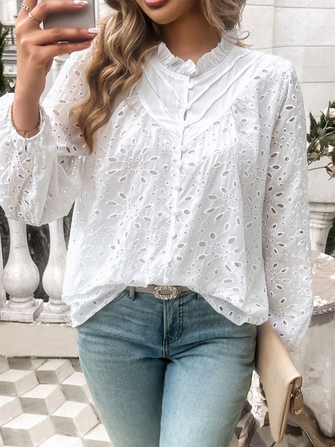 Devine frill round neck long sleeve shirt.