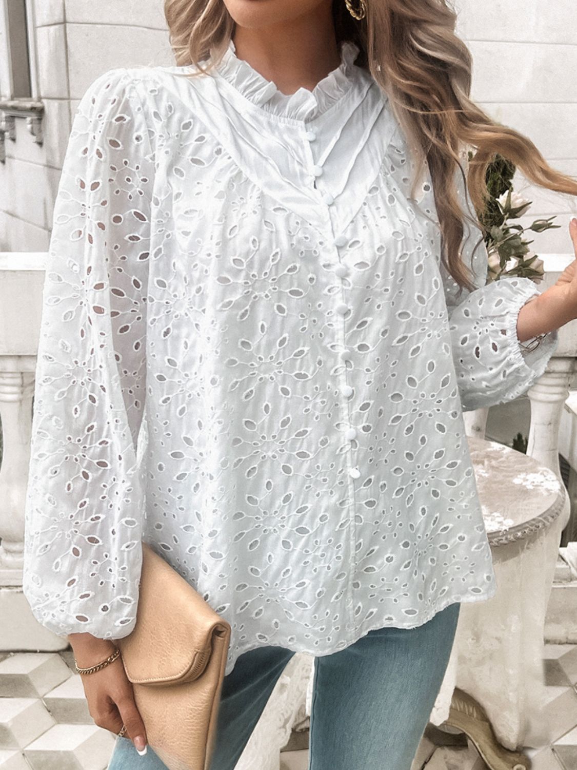 Devine frill round neck long sleeve shirt.