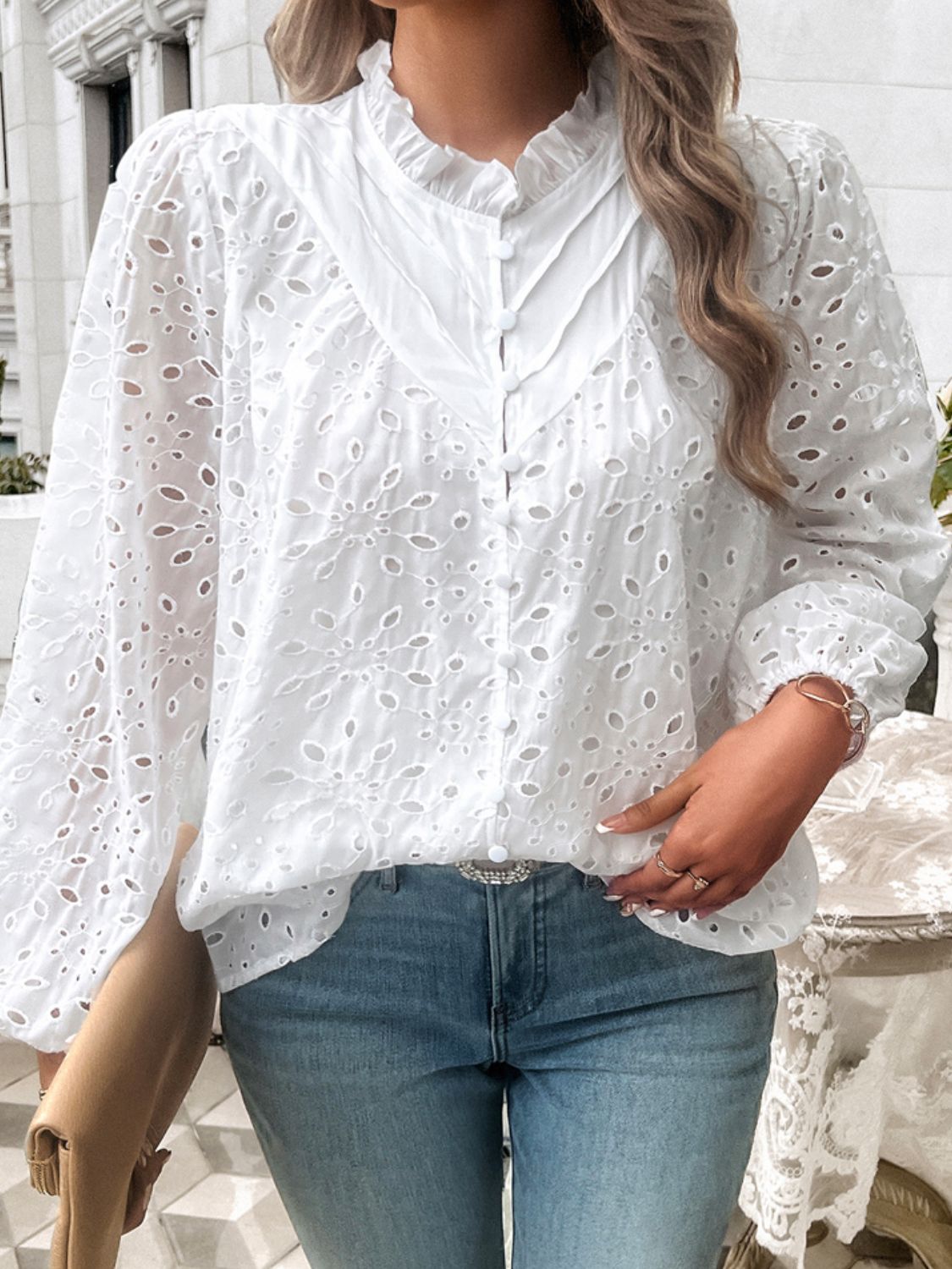 Devine frill round neck long sleeve shirt.