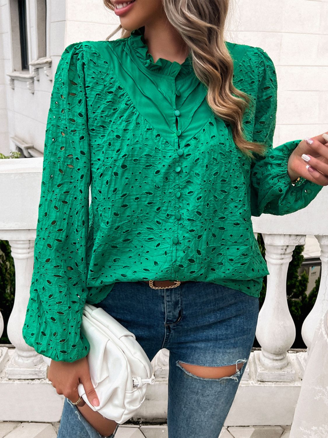 Devine frill round neck long sleeve shirt.