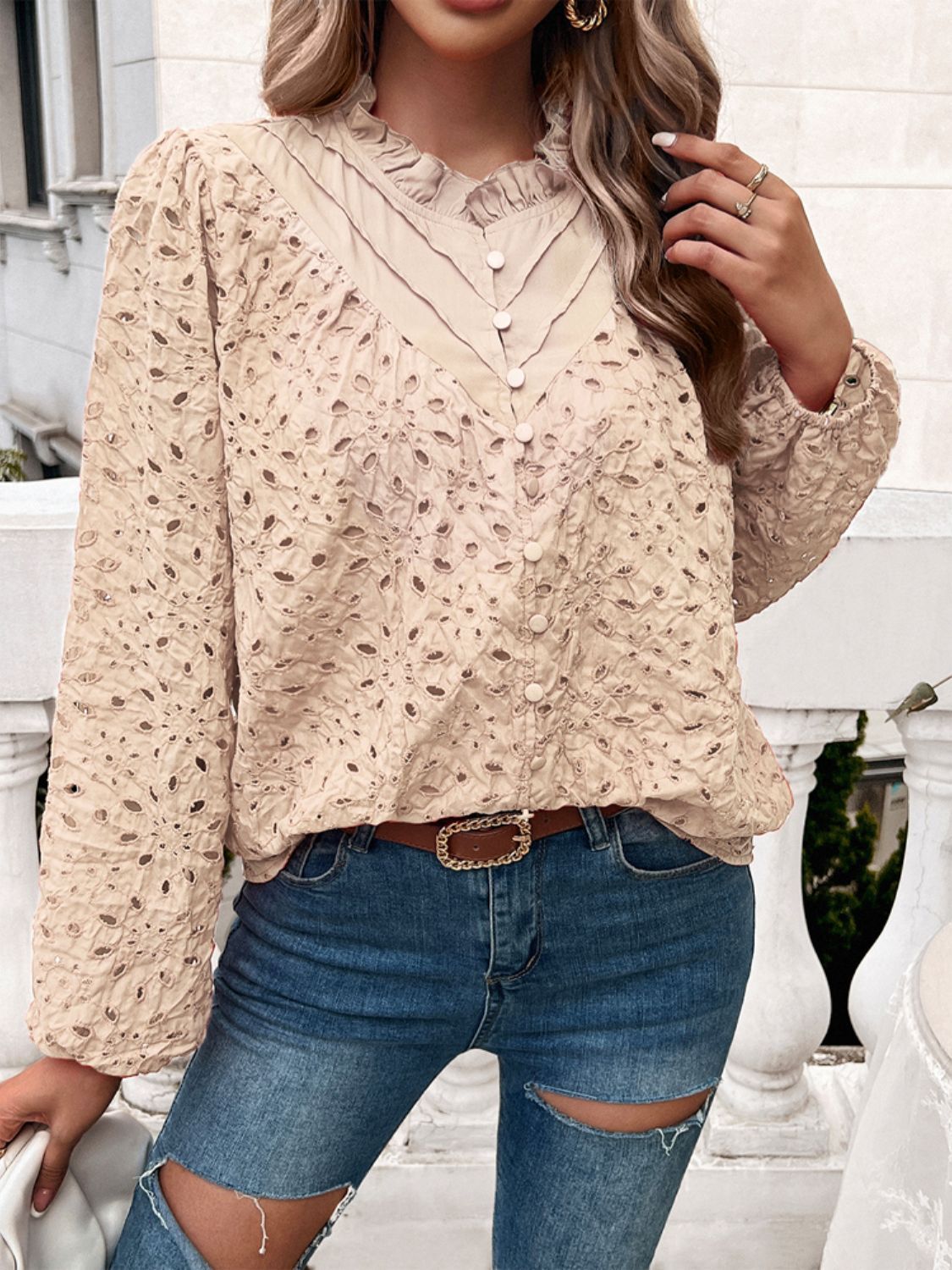 Devine frill round neck long sleeve shirt.