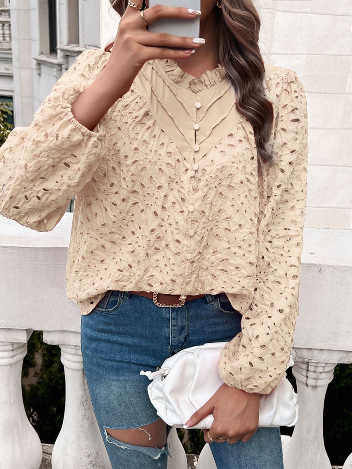 Devine frill round neck long sleeve shirt.
