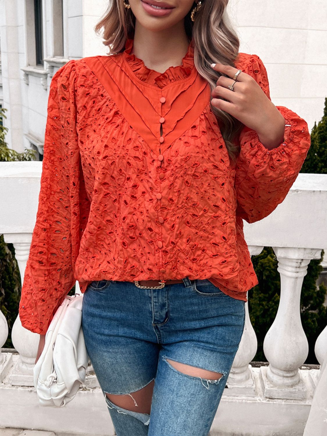 Devine frill round neck long sleeve shirt.