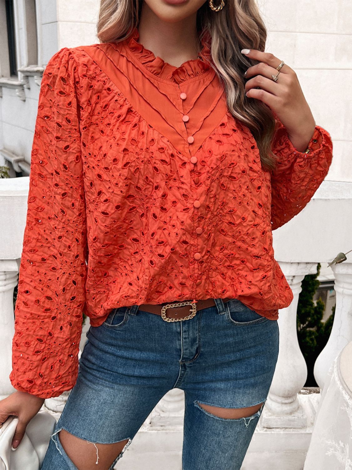 Devine frill round neck long sleeve shirt.