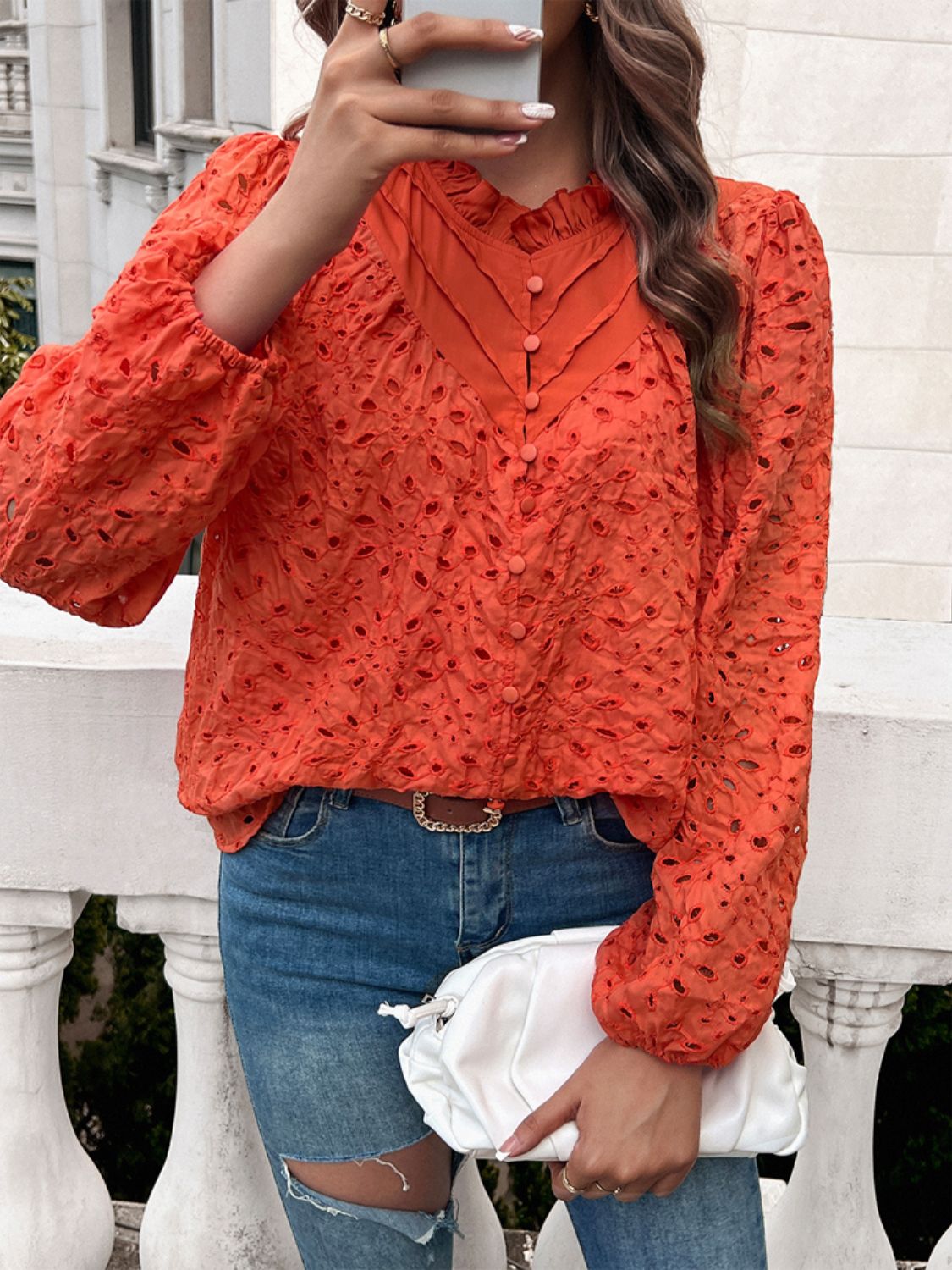 Devine frill round neck long sleeve shirt.