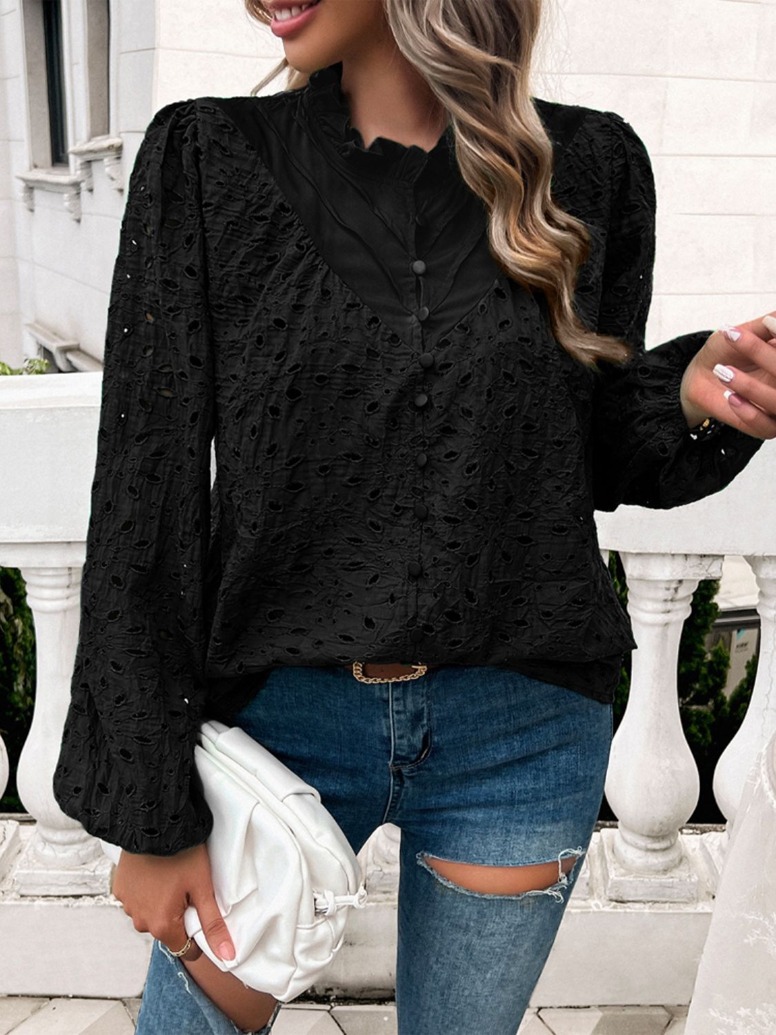Devine frill round neck long sleeve shirt.