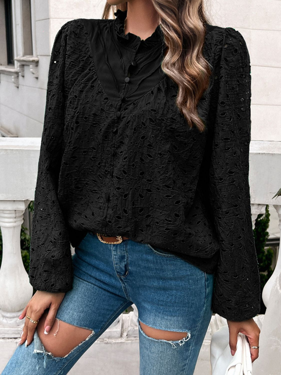 Devine frill round neck long sleeve shirt.