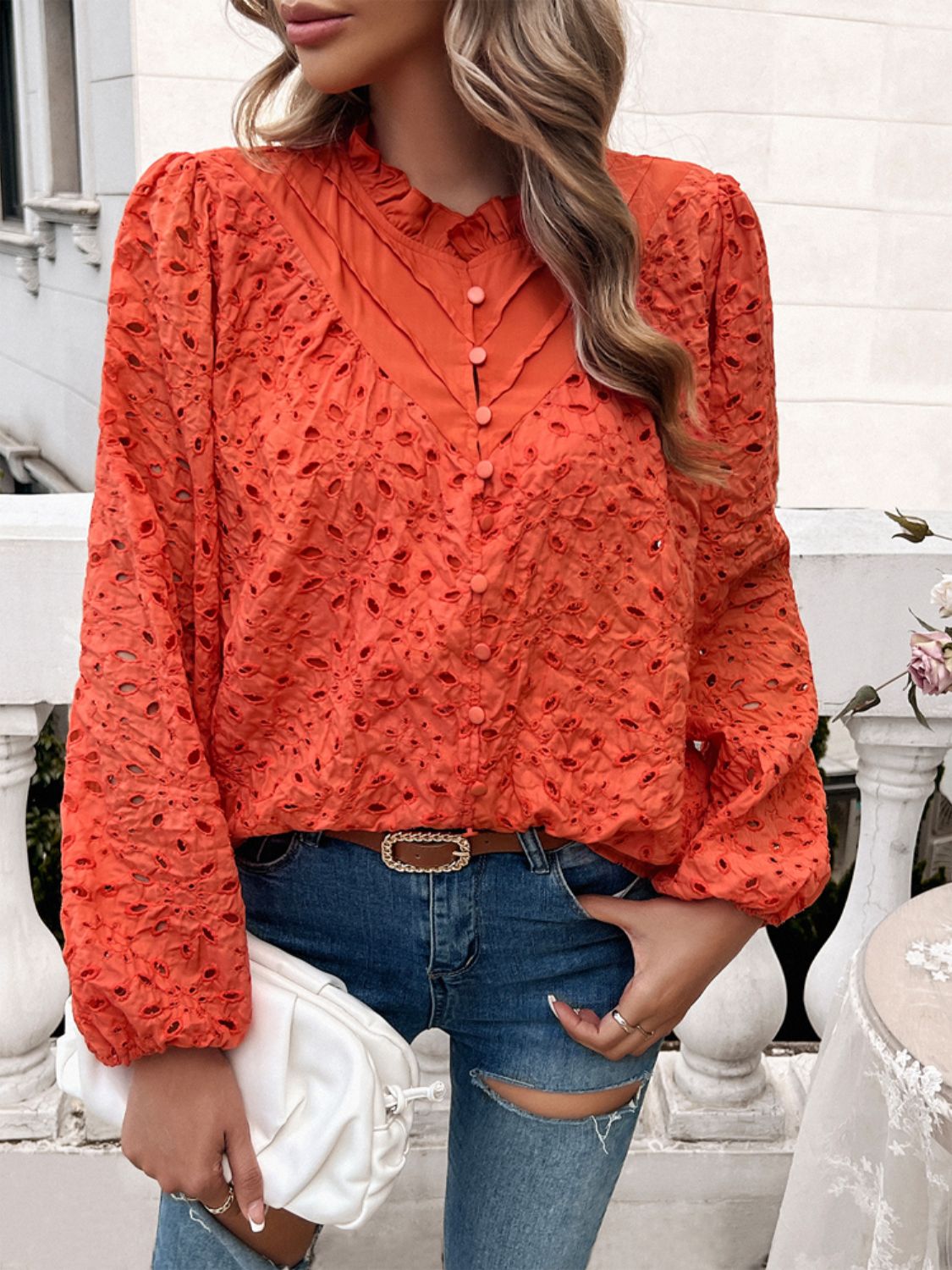 Devine frill round neck long sleeve shirt.