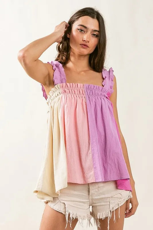 Frill shoulder strap color block bodice top with smocked and babydoll features.