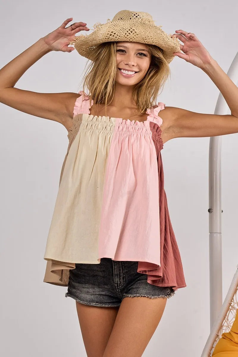 Frill shoulder strap color block bodice top with smocked and babydoll features.
