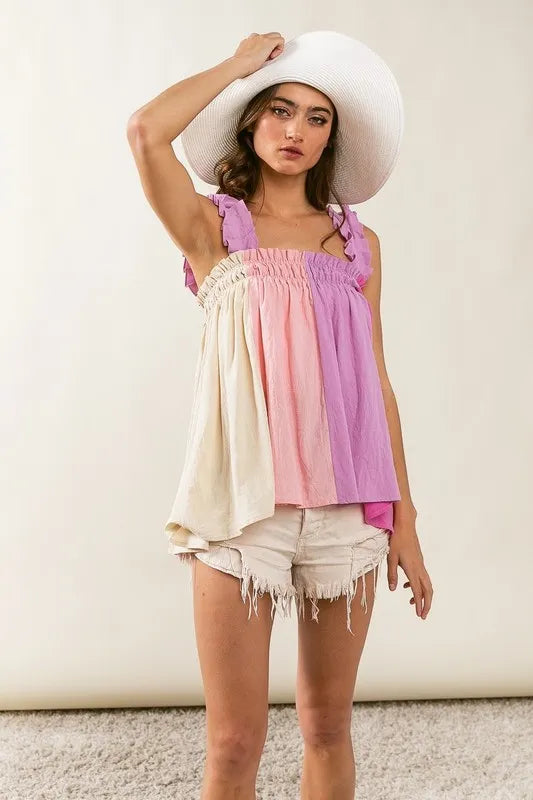 Frill shoulder strap color block bodice top with smocked and babydoll features.