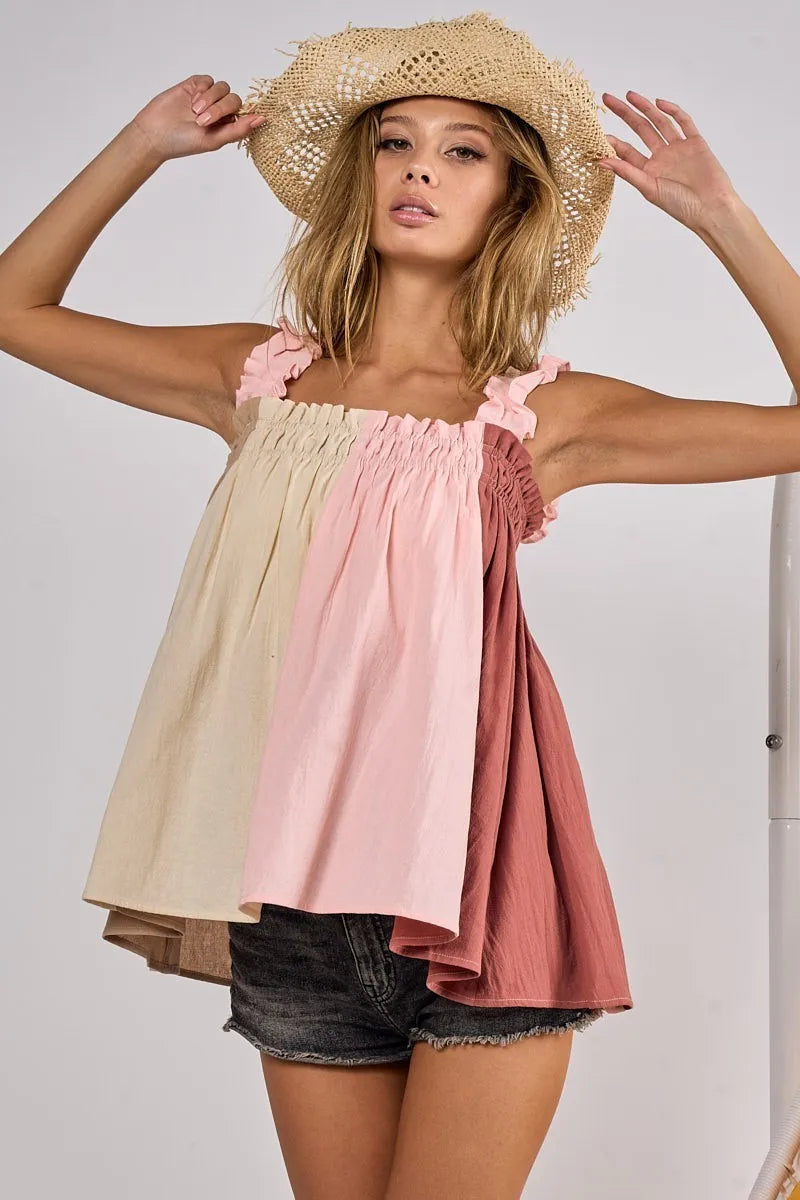 Frill shoulder strap color block bodice top with smocked and babydoll features.